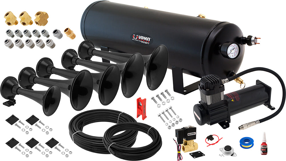 VIXEN HORNS VXO8330B/5901B QUINTUPLE TRUMPET ABS TRAIN AIR HORN BLACK WITH 3 GALLON TANK AND 200 PSI COMPRESSOR image 0