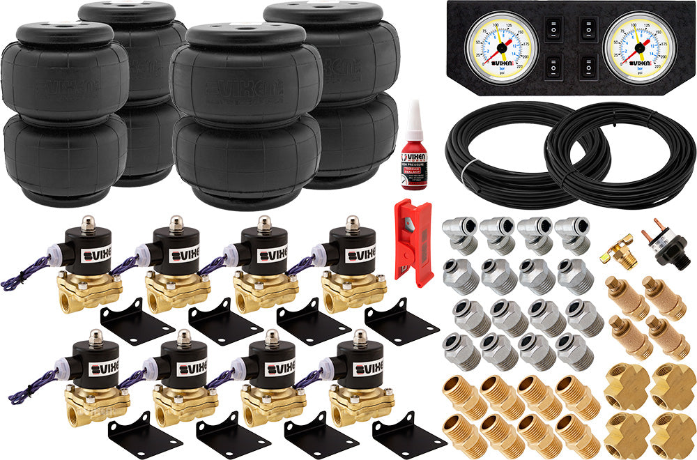 VIXEN AIR VXK1204PW 1/2" NPT AIR RIDE SUSPENSION HIGH FLOW AIR VALVES WITH FOUR AIR SPRINGS, PRESSURE SWITCH, GAUGE DASH PANEL, HOSES AND FITTINGS image 0