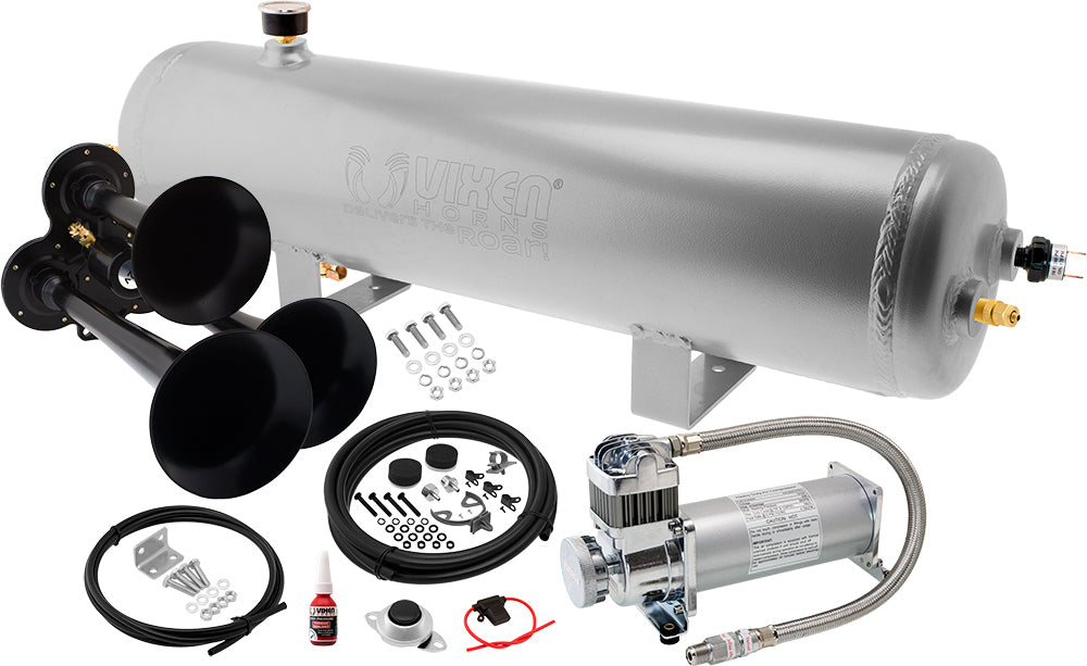 VIXEN HORNS VXO8330APRO/3114B TRIPLE TRUMPET TRAIN AIR HORN BLACK WITH 3 GALLON ALUMINUM TANK AND 200 PSI COMPRESSOR image 0