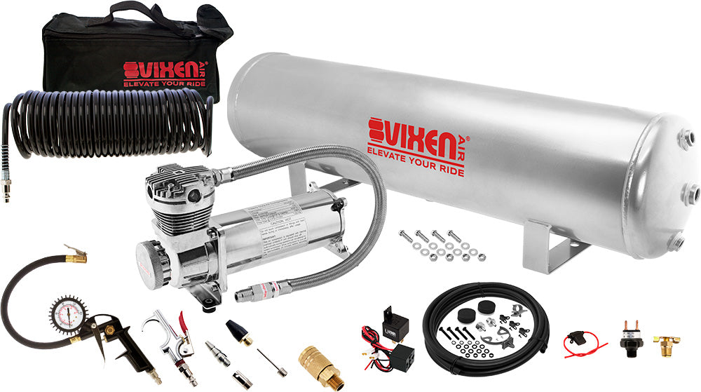 VIXEN AIR VXO4852GCI 5 GALLON STEEL AIR TANK SILVER WITH 200 PSI AIR COMPRESSOR AND TIRE INFLATION KIT ONBOARD AIR SYSTEM image 0