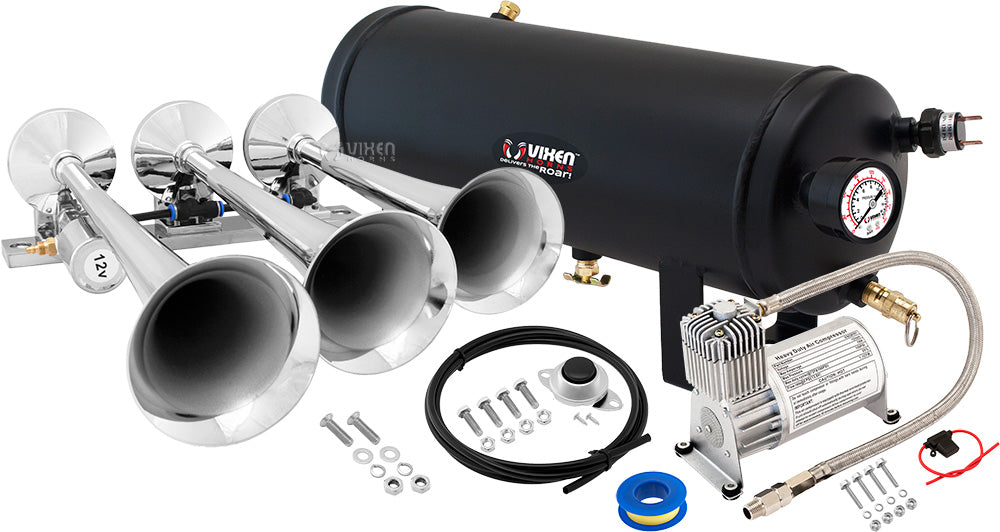 VIXEN HORNS VXO8715/3118 TRIPLE TRUMPET TRAIN AIR HORN CHROME PLATED WITH 1.5 GALLON TANK AND 150 PSI COMPRESSOR image 0