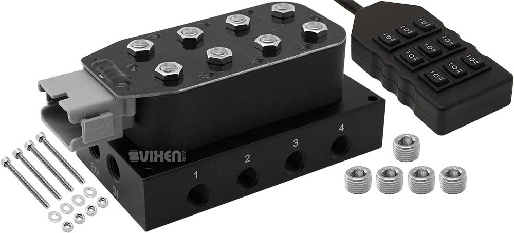 VIXEN AIR VXF4CM14B 12V 1/4" NPT SUSPENSION MANIFOLD WITH 9-SWITCH CONTROLLER image 0