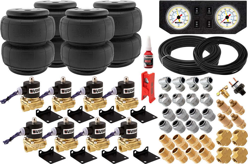 VIXEN AIR VXK1208FW 1/2" NPT AIR RIDE SUSPENSION HIGH FLOW AIR VALVES WITH FOUR AIR SPRINGS, PRESSURE SWITCH, GAUGE DASH PANEL, HOSES AND FITTINGS image 0