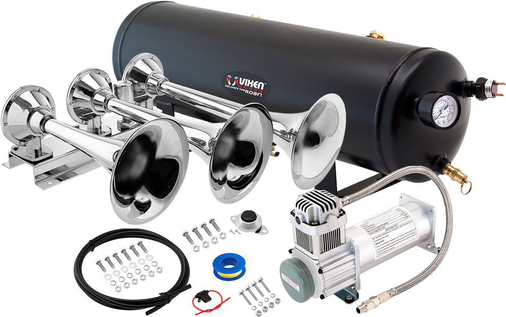 VIXEN HORNS VXO8330/3418 TRIPLE TRUMPET TRAIN AIR HORN CHROME PLATED WITH 3 GALLON TANK AND 200 PSI COMPRESSOR image 0