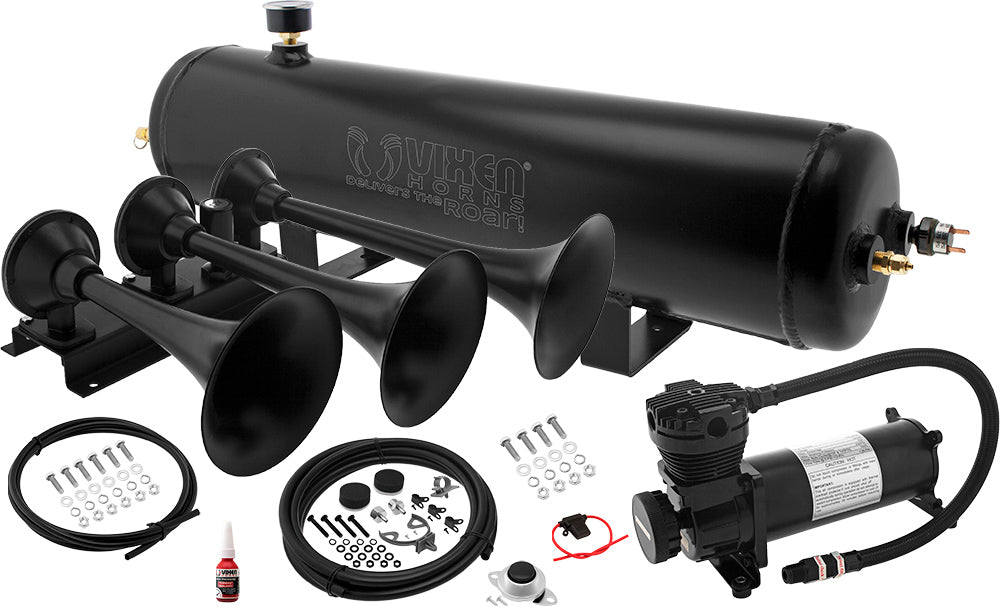 VIXEN HORNS VXO4830AB/3418B TRIPLE TRUMPET TRAIN AIR HORN BLACK WITH 3 GALLON ALUMINUM TANK AND 200 PSI COMPRESSOR image 0