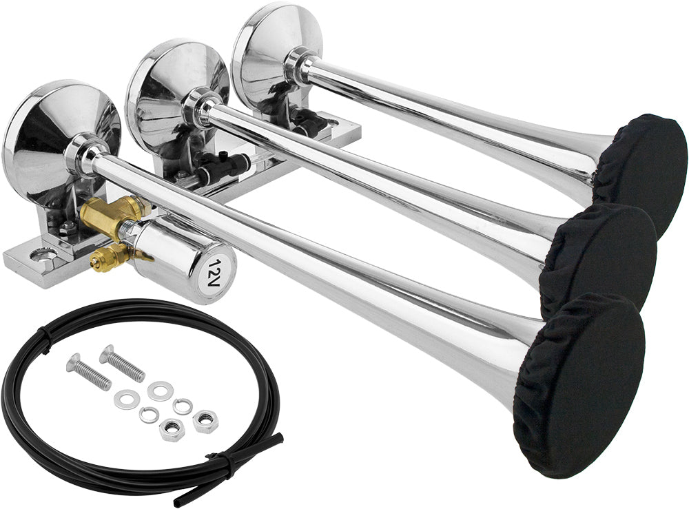 VIXEN HORNS VXH3118/P TRIPLE TRUMPET TRAIN AIR HORN WITH COVERS CHROME PLATED image 0