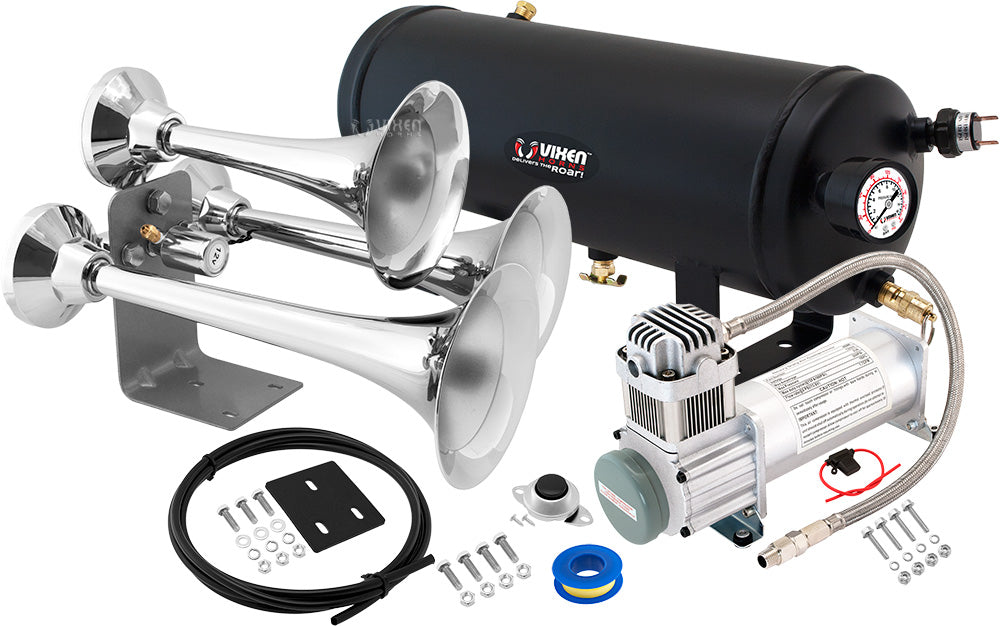 VIXEN HORNS VXO8315/3318 TRIPLE TRUMPET TRAIN AIR HORN CHROME PLATED WITH 1.5 GALLON TANK AND 200 PSI COMPRESSOR image 0