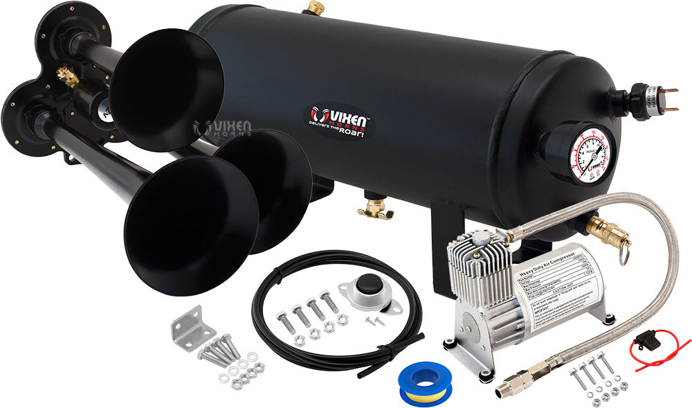 VIXEN HORNS VXO8715/3114B TRIPLE TRUMPET TRAIN AIR HORN BLACK WITH 1.5 GALLON TANK AND 150 PSI COMPRESSOR image 0