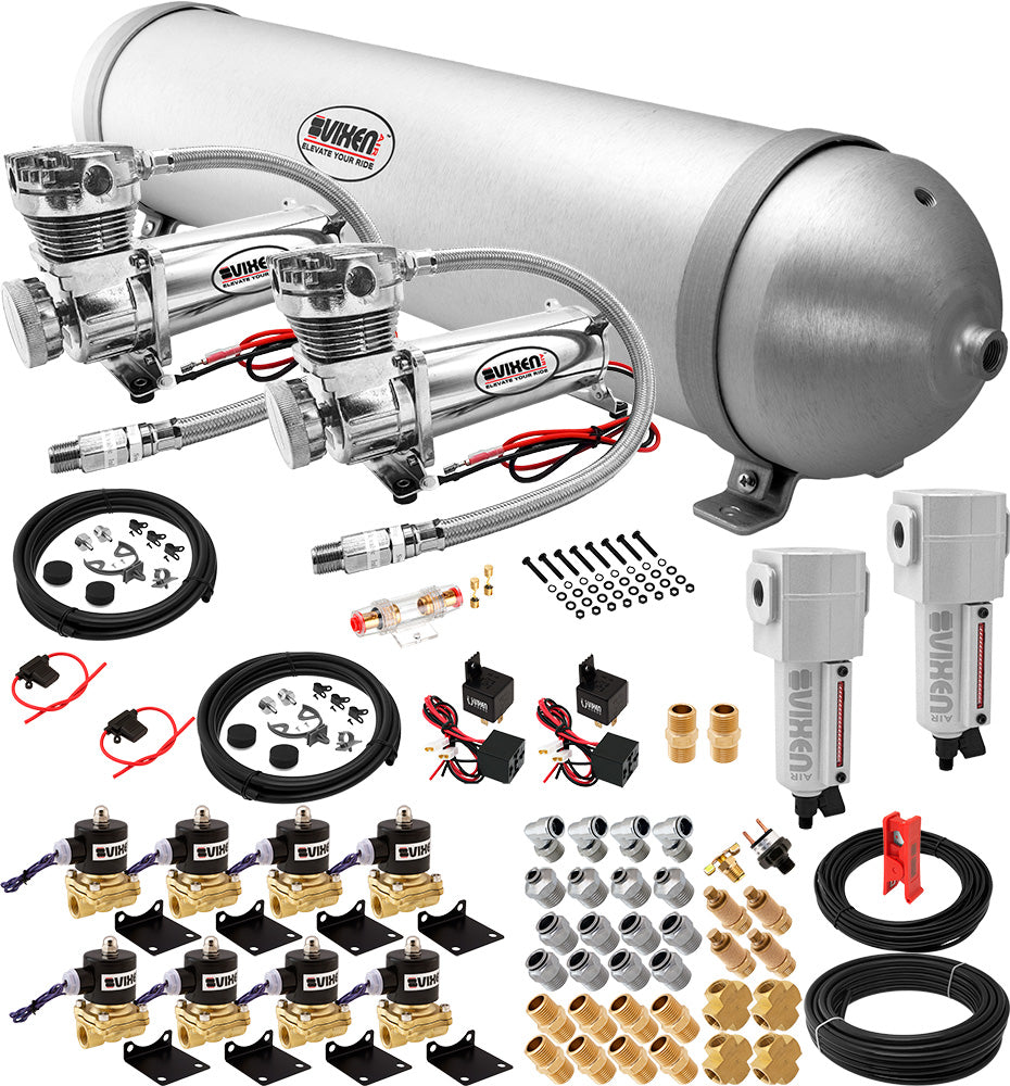 VIXEN AIR VXX1208H/4850DCF AIR SUSPENSION KIT FOR TRUCK/CAR BAG/AIR RIDE/SPRING. ON BOARD SYSTEM, DUAL 200PSI COMPRESSOR, 5 GALLON ALUMINUM TANK image 0