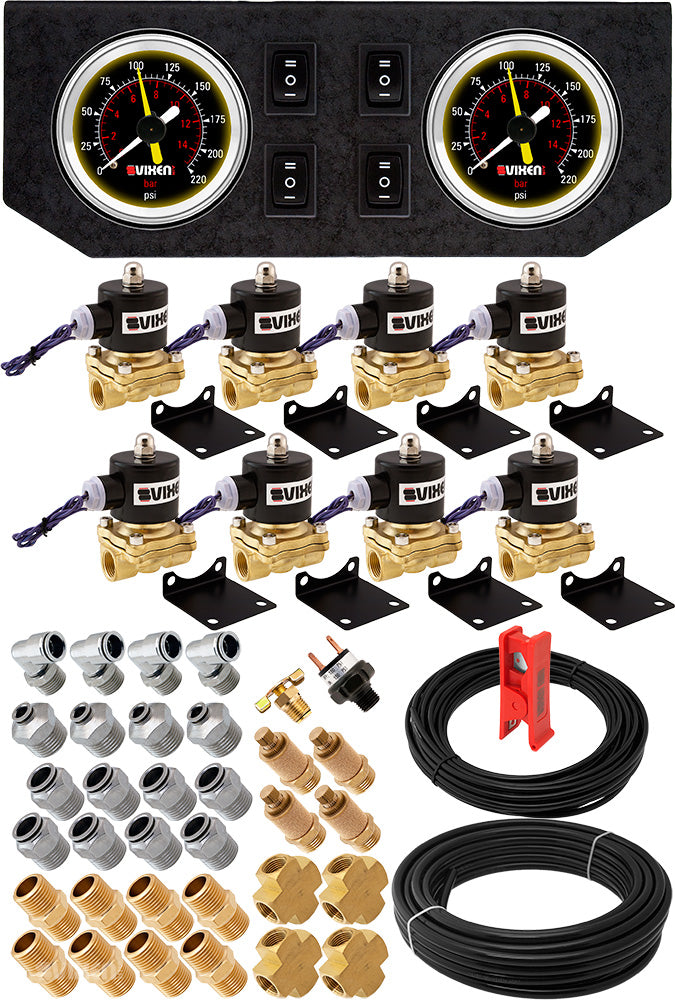 VIXEN AIR VXK1208GB 1/2" NPT AIR RIDE SUSPENSION HIGH FLOW AIR VALVES/SOLENOIDS 210 PSI FOUR CORNERS WITH DUAL BLACK GAUGE, FITTINGS AND HOSES image 0