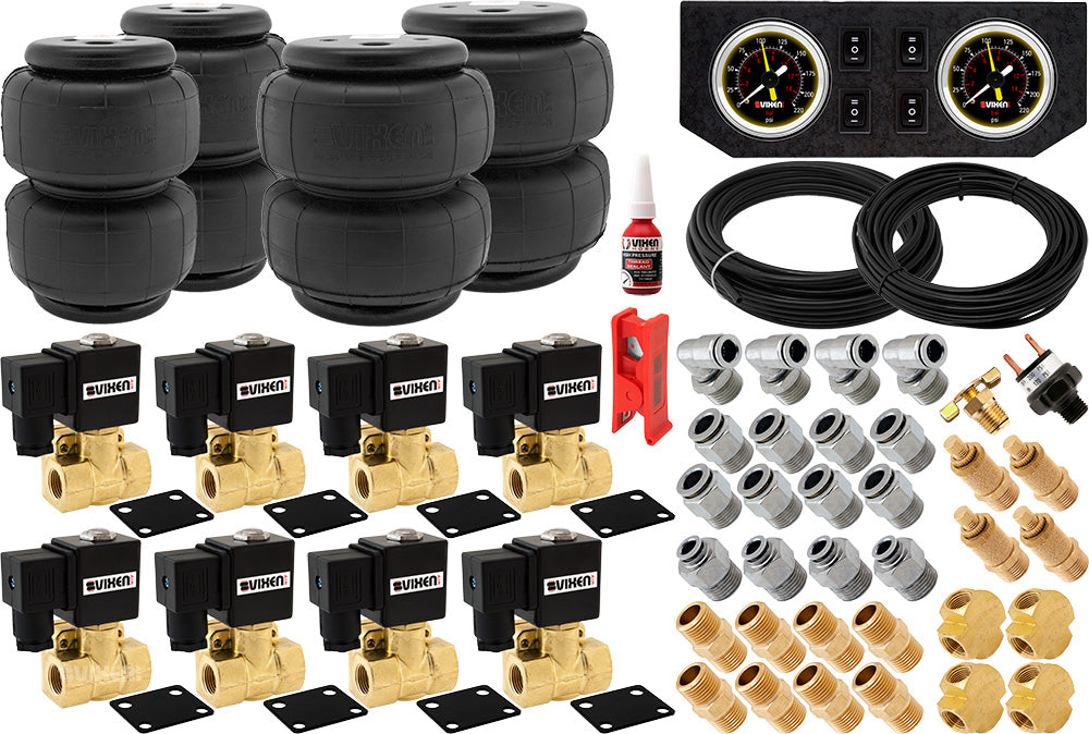 VIXEN AIR VXK3805PB 3/8" NPT AIR RIDE SUSPENSION HIGH FLOW AIR VALVES WITH FOUR AIR SPRINGS, PRESSURE SWITCH, GAUGE DASH PANEL, HOSES AND FITTINGS image 0