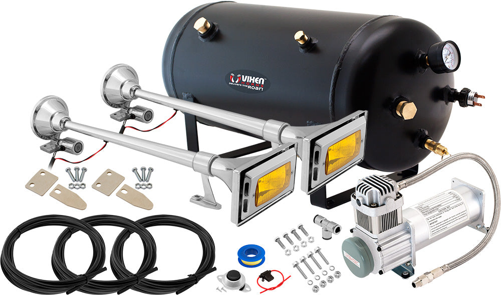 VIXEN HORNS VXO8350/1264Y2 DUAL TRUMPET TRAIN AIR HORN CHROME PLATED WITH 5 GALLON TANK AND 200 PSI COMPRESSOR image 0