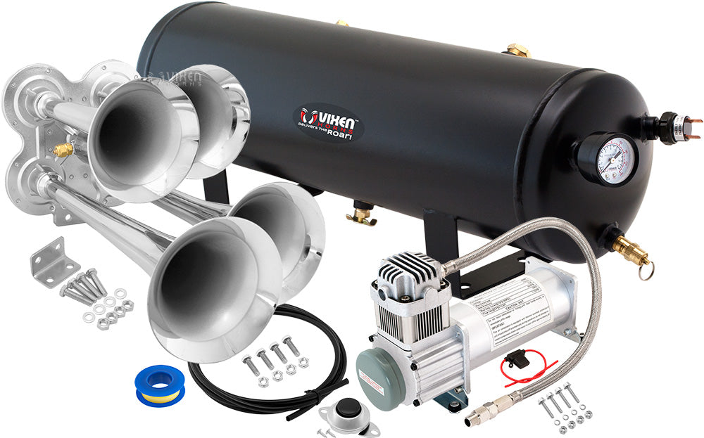 VIXEN HORNS VXO8330/4114 QUAD TRUMPET TRAIN AIR HORN CHROME PLATED WITH 3 GALLON TANK AND 200 PSI COMPRESSOR image 0