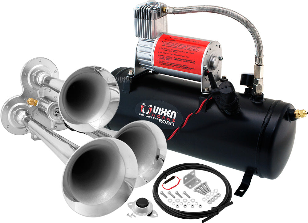 VIXEN HORNS VXO8530/3114 TRIPLE TRUMPET TRAIN AIR HORN CHROME PLATED WITH 1.5 GALLON TANK AND 150 PSI COMPRESSOR image 0