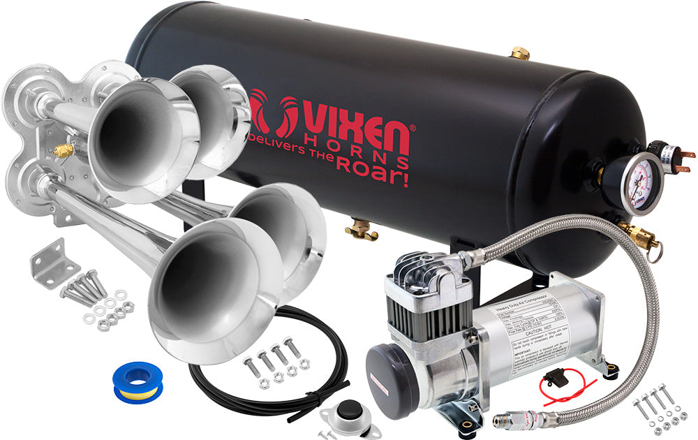 VIXEN HORNS VXO8325/4114 QUAD TRUMPET TRAIN AIR HORN CHROME PLATED WITH 2.5 GALLON TANK AND 200 PSI COMPRESSOR image 0