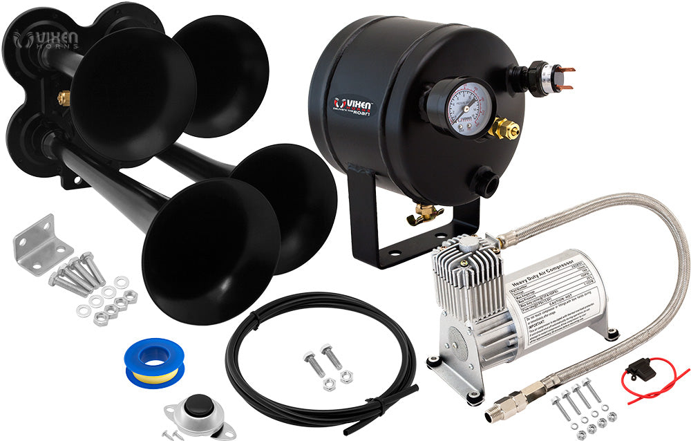 VIXEN HORNS VXO8705/4114B QUAD TRUMPET TRAIN AIR HORN BLACK WITH 0.5 GALLON TANK AND 150 PSI COMPRESSOR image 0