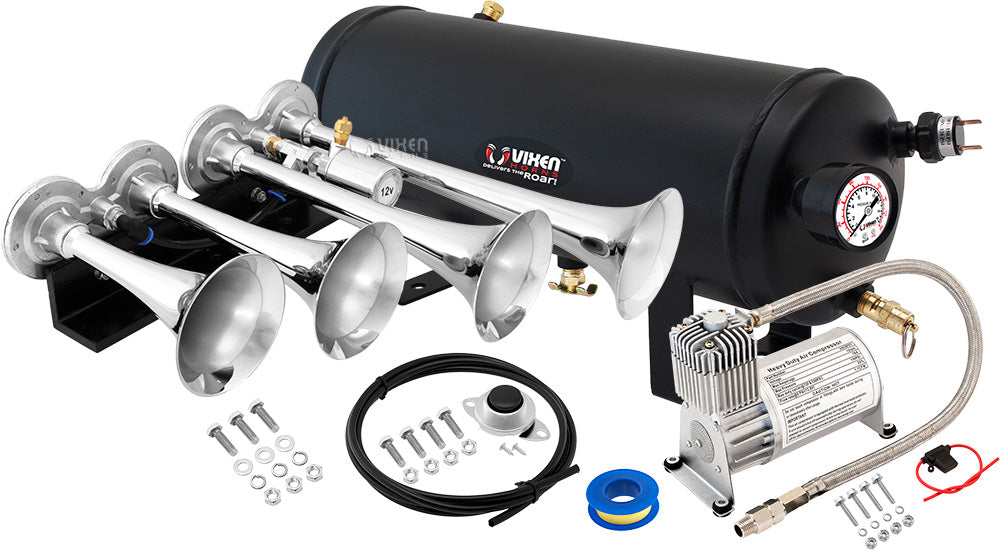 VIXEN HORNS VXO8715/4124C QUAD TRUMPET TRAIN AIR HORN CHROME PLATED WITH 1.5 GALLON TANK AND 150 PSI COMPRESSOR image 0