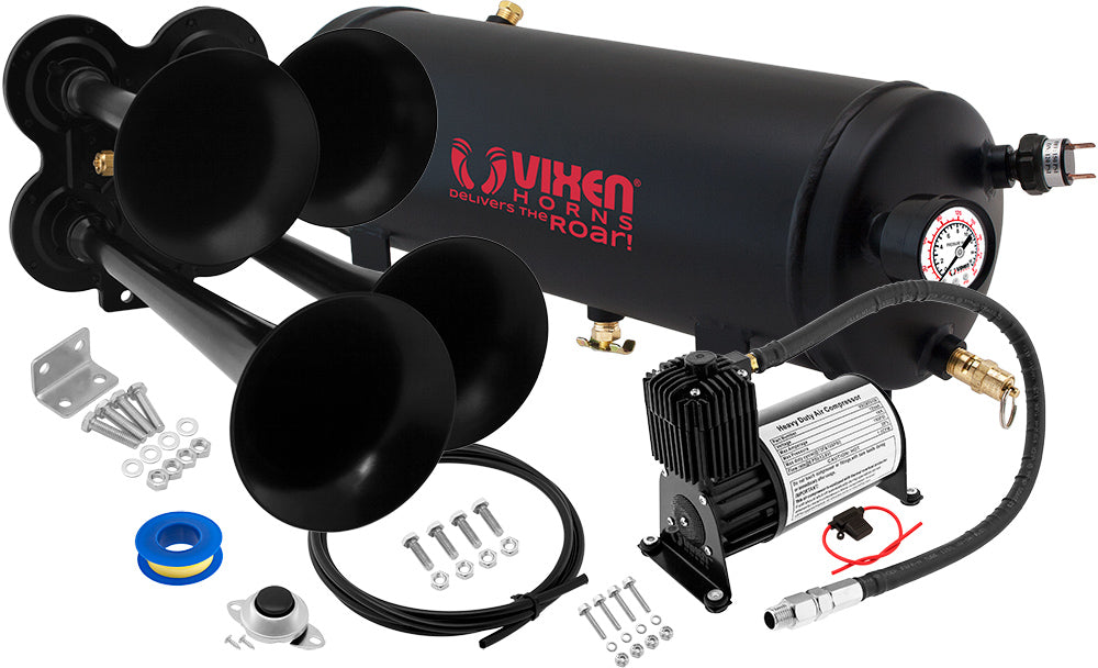 VIXEN HORNS VXO8715B/4114B QUAD TRUMPET TRAIN AIR HORN BLACK WITH 1.5 GALLON TANK AND 150 PSI COMPRESSOR image 0