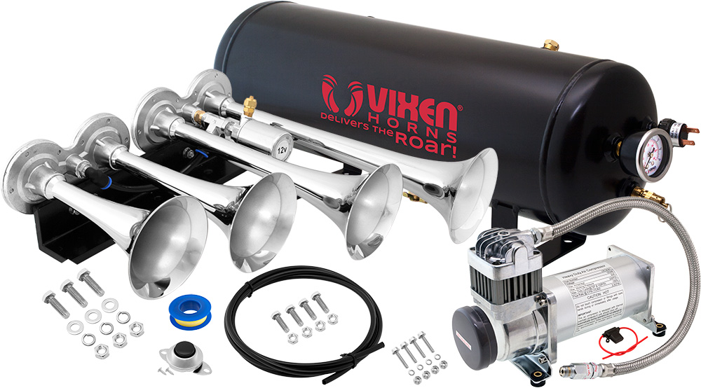 Vixen Horns Loud 149dB 4/Quad Chrome Trumpet Train Air Horn with 2.5 Gallon Tank and 200 PSI Compressor Full/Complete Onboard System/Kit VXO8325/4114 