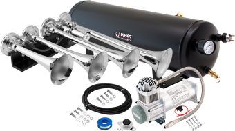 VIXEN HORNS VXO8330/4124XC QUAD TRUMPET TRAIN AIR HORN CHROME PLATED WITH 3 GALLON TANK AND 200 PSI COMPRESSOR