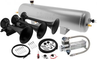 VIXEN HORNS VXO8330APRO/3418B TRIPLE TRUMPET TRAIN AIR HORN BLACK WITH 3 GALLON ALUMINUM TANK AND 200 PSI COMPRESSOR