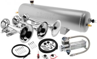 VIXEN HORNS VXO8330APRO/3418C TRIPLE TRUMPET TRAIN AIR HORN CHROME PLATED WITH 3 GALLON ALUMINUM TANK AND 200 PSI COMPRESSOR