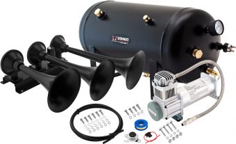 VIXEN HORNS VXO8350/3418B TRIPLE TRUMPET TRAIN AIR HORN BLACK WITH 5 GALLON TANK AND 200 PSI COMPRESSOR