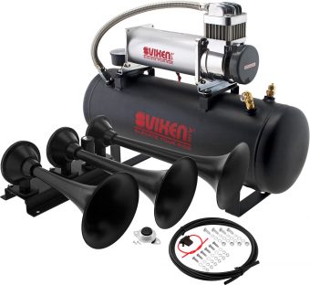 VIXEN HORNS VXO8580/3418B TRIPLE TRUMPET TRAIN AIR HORN BLACK WITH 2.5 GALLON TANK AND 200 PSI COMPRESSOR