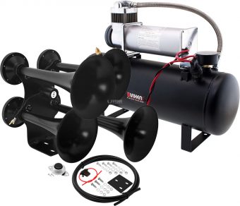 VIXEN HORNS VXO8580/4318B QUAD TRUMPET TRAIN AIR HORN BLACK WITH 2.5 GALLON TANK AND 200 PSI COMPRESSOR