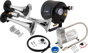 VIXEN HORNS VXO8705/3311 TRIPLE TRUMPET TRAIN AIR HORN CHROME PLATED WITH 0.5 GALLON TANK AND 150 PSI COMPRESSOR