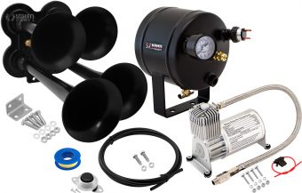 VIXEN HORNS VXO8705/4114B QUAD TRUMPET TRAIN AIR HORN BLACK WITH 0.5 GALLON TANK AND 150 PSI COMPRESSOR