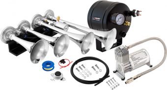 VIXEN HORNS VXO8705/4124C QUAD TRUMPET TRAIN AIR HORN CHROME PLATED WITH 0.5 GALLON TANK AND 150 PSI COMPRESSOR