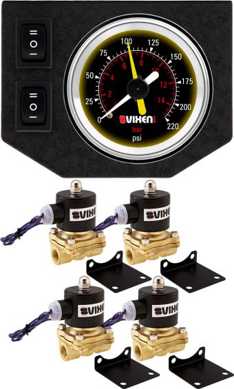 VIXEN AIR VXF1G2038B 3/8" NPT ELECTRIC AIR VALVE (SOLENOID) 210PSI 12V (4-PACK) WITH 1 DUAL NEEDLE GAUGE/2 SWITCH DASH PANEL KIT BLACK