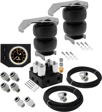 VIXEN AIR VXF2CM0125B/BB 4 VALVE SUSPENSION MANIFOLD WITH TWO 2500 AIR SPRINGS WITH UNIVERSAL BRACKETS, ONE DUAL NEEDLE BLACK GAUGE PANEL, 3/8" OD HOSE 50 FT, 1/4" OD HOSE 35 FT AND FITTINGS