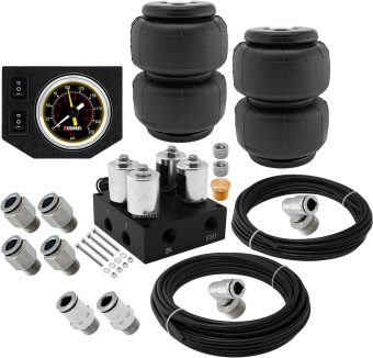 VIXEN AIR VXF2CM0125B 4 VALVE SUSPENSION MANIFOLD WITH TWO 2500 AIR SPRINGS, ONE DUAL NEEDLE BLACK GAUGE PANEL, 3/8" OD HOSE 50 FT, 1/4" OD HOSE 35 FT AND FITTINGS
