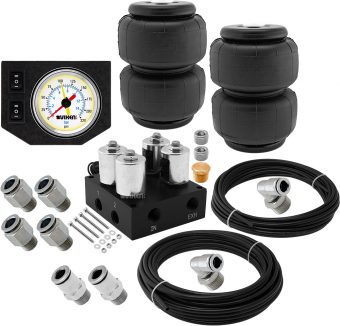 VIXEN AIR VXF2CM0125W 4 VALVE SUSPENSION MANIFOLD WITH TWO 2500 AIR SPRINGS, ONE DUAL NEEDLE WHITE GAUGE PANEL, 3/8" OD HOSE 50 FT, 1/4" OD HOSE 35 FT AND FITTINGS