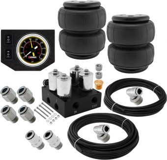 VIXEN AIR VXF2CM0126B 4 VALVE SUSPENSION MANIFOLD WITH TWO 2600 AIR SPRINGS, ONE DUAL NEEDLE BLACK GAUGE PANEL, 3/8" OD HOSE 50 FT, 1/4" OD HOSE 35 FT AND FITTINGS