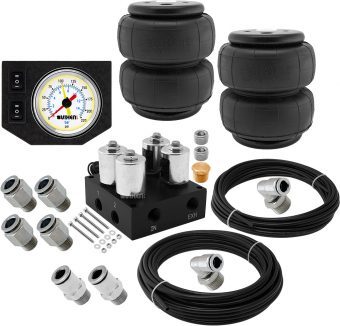 VIXEN AIR VXF2CM0126W 4 VALVE SUSPENSION MANIFOLD WITH TWO 2600 AIR SPRINGS, ONE DUAL NEEDLE WHITE GAUGE PANEL, 3/8" OD HOSE 50 FT, 1/4" OD HOSE 35 FT AND FITTINGS