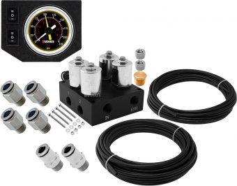 VIXEN AIR VXF2CM01B 4 VALVE SUSPENSION MANIFOLD WITH ONE DUAL NEEDLE BLACK GAUGE PANEL, 3/8" OD HOSE 50 FT, 1/4" OD HOSE 35 FT AND FITTINGS