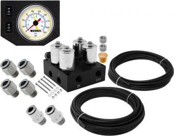 VIXEN AIR VXF2CM01W 4 VALVE SUSPENSION MANIFOLD WITH ONE DUAL NEEDLE WHITE GAUGE PANEL, 3/8" OD HOSE 50 FT, 1/4" OD HOSE 35 FT AND FITTINGS