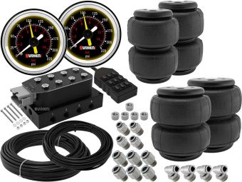 VIXEN AIR VXF4CM0125B 8 VALVE SUSPENSION MANIFOLD WITH FOUR AIR SPRINGS, TWO DUAL NEEDLE BLACK GAUGES, 3/8" OD HOSE 100 FT, 1/4" OD HOSE 50 FT AND FITTINGS