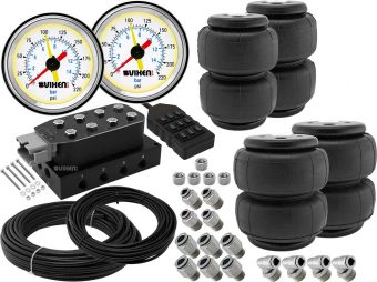 VIXEN AIR VXF4CM0125W 8 VALVE SUSPENSION MANIFOLD WITH FOUR AIR SPRINGS, TWO DUAL NEEDLE WHITE GAUGES, 3/8" OD HOSE 100 FT, 1/4" OD HOSE 50 FT AND FITTINGS