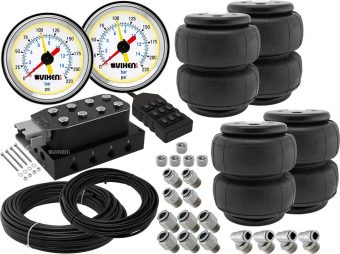 VIXEN AIR VXF4CM0126W 8 VALVE SUSPENSION MANIFOLD WITH FOUR AIR SPRINGS, TWO DUAL NEEDLE WHITE GAUGES, 3/8" OD HOSE 100 FT, 1/4" OD HOSE 50 FT AND FITTINGS