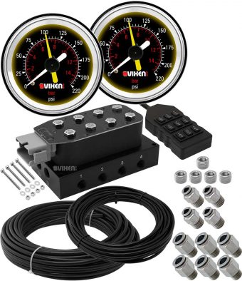 VIXEN AIR VXF4CM01B 8 VALVE SUSPENSION MANIFOLD WITH TWO DUAL NEEDLE BLACK GAUGES, 3/8" OD HOSE 100 FT, 1/4" OD HOSE 50 FT AND FITTINGS