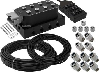 VIXEN AIR VXF4CM01H 8 VALVE SUSPENSION MANIFOLD WITH 3/8" OD HOSE 100 FT, 1/4" OD HOSE 50 FT AND FITTINGS