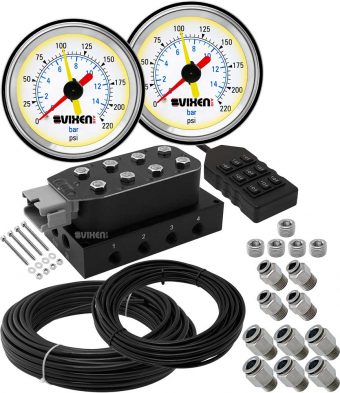 VIXEN AIR VXF4CM01W 8 VALVE SUSPENSION MANIFOLD WITH TWO DUAL NEEDLE WHITE GAUGES, 3/8" OD HOSE 100 FT, 1/4" OD HOSE 50 FT AND FITTINGS