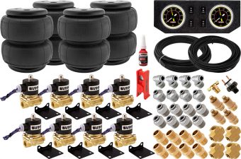 VIXEN AIR VXK1204FB 1/2" NPT AIR RIDE SUSPENSION HIGH FLOW AIR VALVES WITH FOUR AIR SPRINGS, PRESSURE SWITCH, GAUGE DASH PANEL, HOSES AND FITTINGS