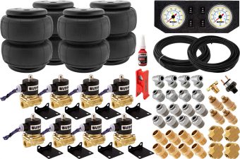 VIXEN AIR VXK1204FW 1/2" NPT AIR RIDE SUSPENSION HIGH FLOW AIR VALVES WITH FOUR AIR SPRINGS, PRESSURE SWITCH, GAUGE DASH PANEL, HOSES AND FITTINGS