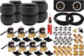 VIXEN AIR VXK1204PB 1/2" NPT AIR RIDE SUSPENSION HIGH FLOW AIR VALVES WITH FOUR AIR SPRINGS, PRESSURE SWITCH, GAUGE DASH PANEL, HOSES AND FITTINGS