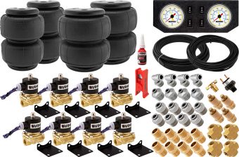 VIXEN AIR VXK1204PW 1/2" NPT AIR RIDE SUSPENSION HIGH FLOW AIR VALVES WITH FOUR AIR SPRINGS, PRESSURE SWITCH, GAUGE DASH PANEL, HOSES AND FITTINGS